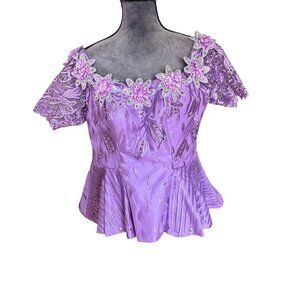 Purple Embroidered Floral Lace Peplum Blouse With Beaded Appliqués & Short Sleev